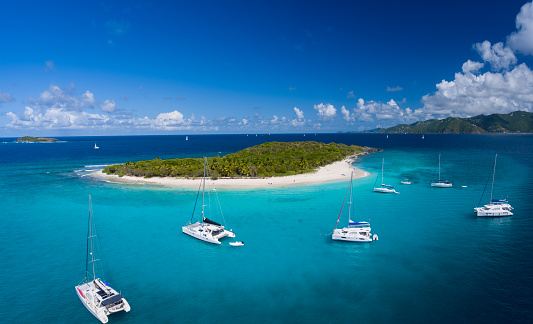 Aerial view of boats and Sandy Cay, British Virgin Islands, Caribbean