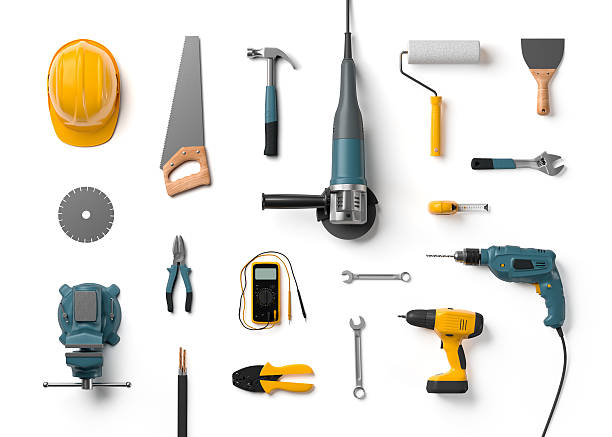 casco, taladro;  amoladora angular y otras herramientas de construcción - hammer work tool isolated hand tool fotografías e imágenes de stock