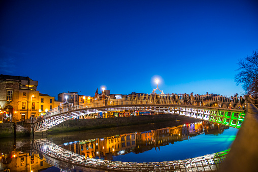 Ha'penny Bridge Dublin at dusk over the river Liffey, Dublin, Ireland. 