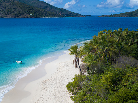 Aerial view of boats and Sandy Cay with Sandy Spit and Jost Van Dyke in the background, British Virgin Islands, Caribbean