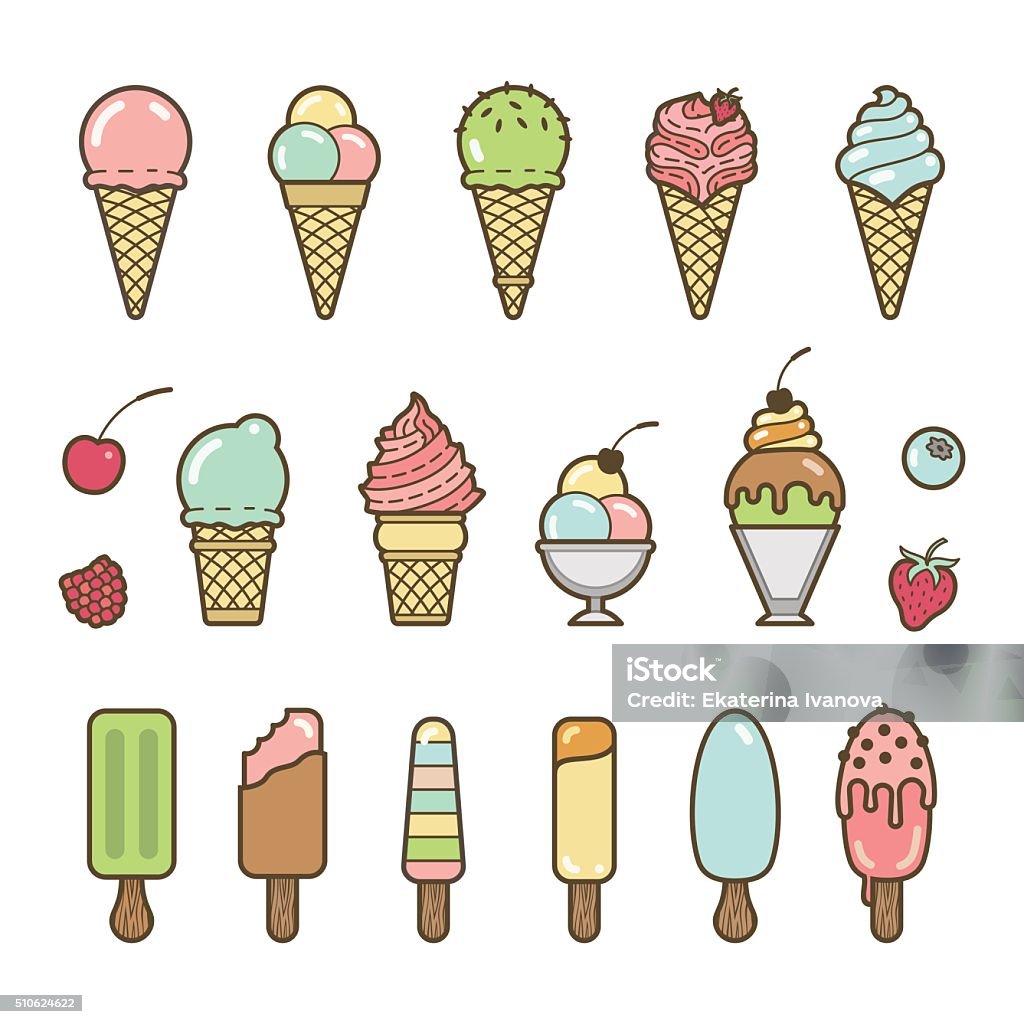 Vector icon set of yummy colored ice cream Vector icon set of yummy colored ice cream. Collection of different flavours and kinds Ice Cream Cone stock vector