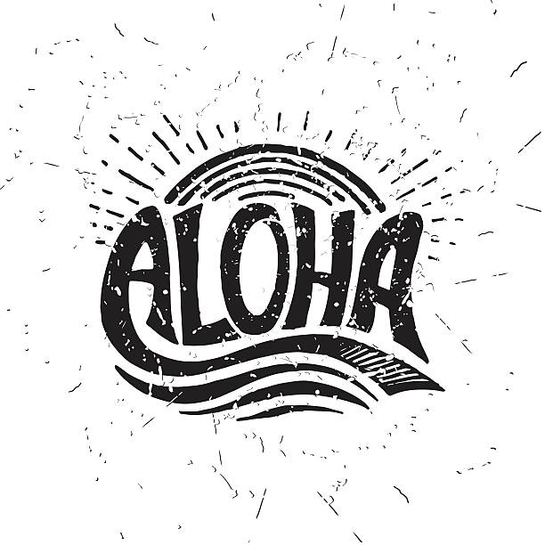 Aloha surfing lettering. Vector calligraphy illustration Aloha surfing lettering. Vector calligraphy illustration. Hawaiian handmade tropical exotic t-shirt graphics. Summer apparel print design. Retro drawn sea wave, sun, spray, vintage texture aloha single word stock illustrations