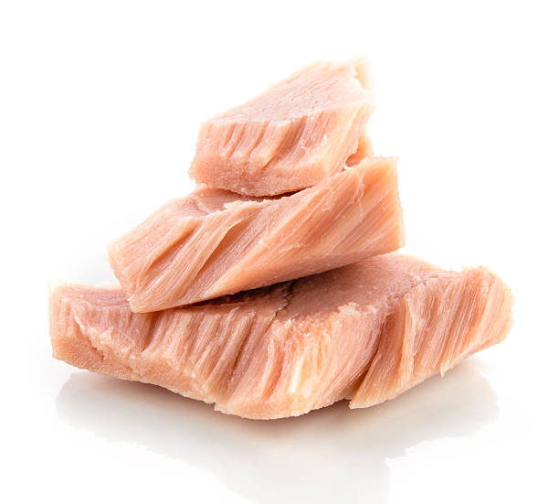 tonno. lattina di pesce isolato su bianco. macro. - tuna chunks foto e immagini stock