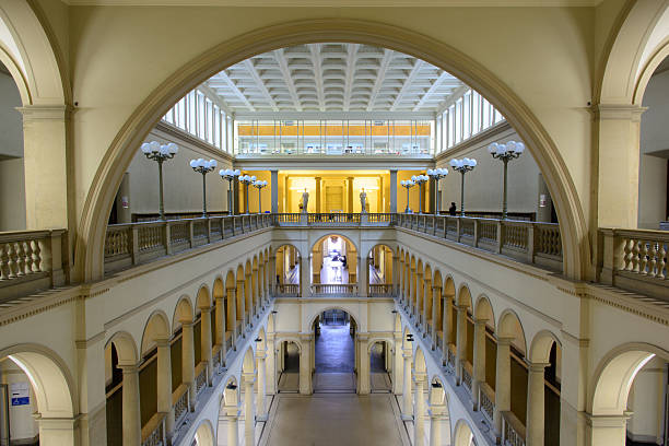 Zurich, Switzerland - February 07, 2016: the main hall of university of Zurich with corridors, lamps, coloums