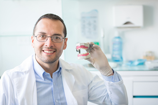 Happy dentist holding a denture and working in a smile design - oral health concepts