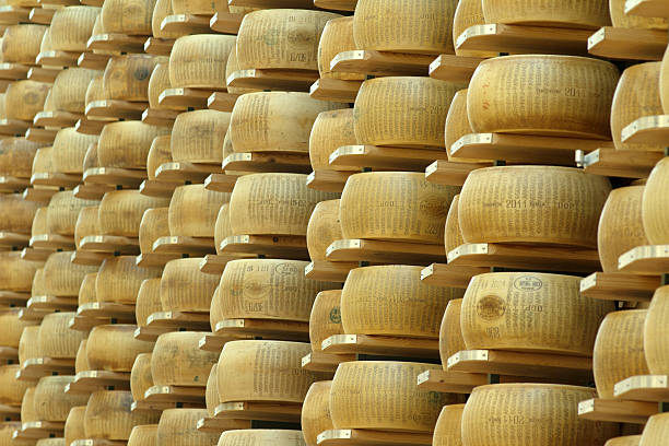 cheese storehouse lots of wheels of parmesan cheese on shelves of a storehouse grana padano stock pictures, royalty-free photos & images
