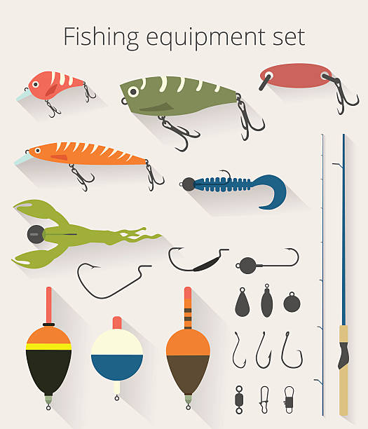 illustrations, cliparts, dessins animés et icônes de ensemble d'accessoires pour l'activité de pêche et appât flotteur - sinker