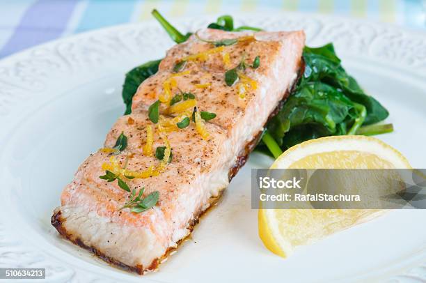 Salmon With Spinach Stock Photo - Download Image Now - Baked, Baked Salmon, Close-up