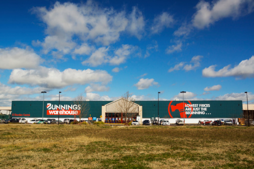 Orange, Australia - September 3, 2014: Cars parked before a Bunnings Warehouse outlet. Bunnings is Australia's largest household hardware chain and also operates in New Zealand.