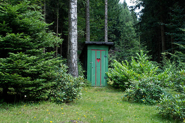 old toilettes extérieures dans la forêt. - door nobody macro close up photos et images de collection