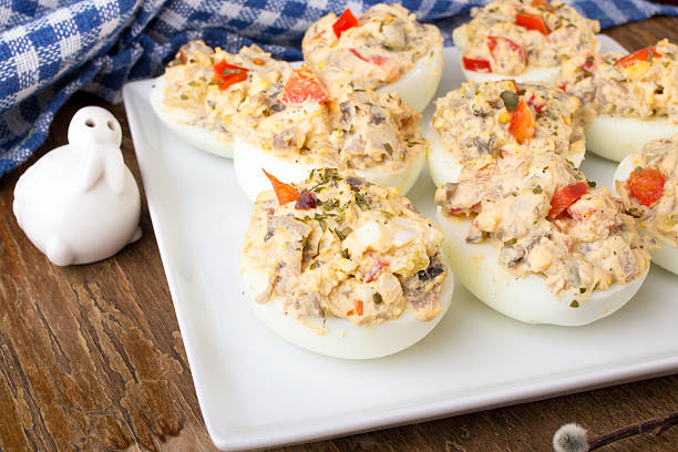 istock stuffed eggs with peppers, mushrooms and herbs - selective focus 510635648