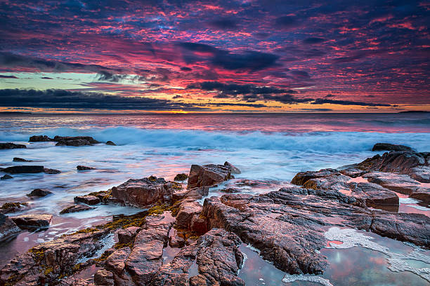 Sunrise in Acadia National Park, Maine A beautiful sunrise at the rocky beach of Thunder Hole in Acadia National Park, Maine, USA. acadia national park maine stock pictures, royalty-free photos & images