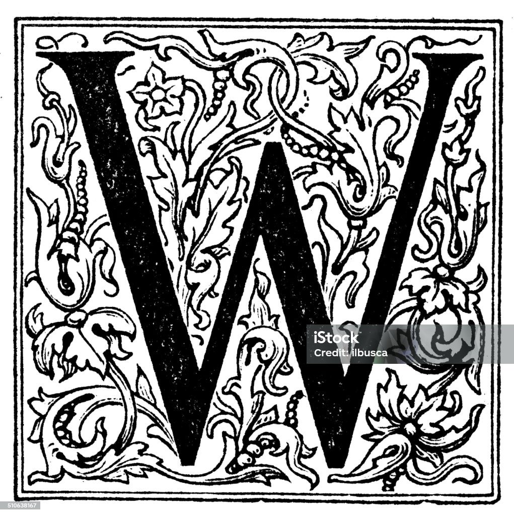 Antique illustration of ornate letter W Letter W stock illustration