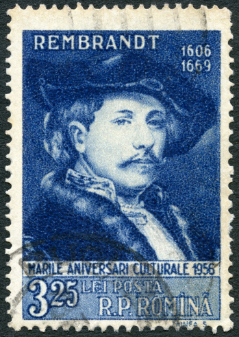 Postage stamp Romania 1956 printed in Romania shows Rembrandt (1606-1669), Painter, series Great personalities of the world, circa 1956