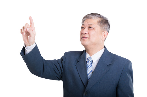 pose and gesture of old Asian businessman in blue suit