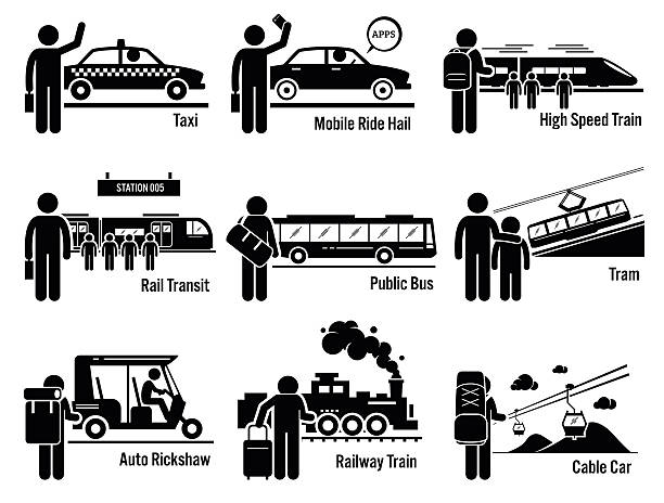 ilustrações, clipart, desenhos animados e ícones de veículos de transporte público e as pessoas definem - train people cable car transportation