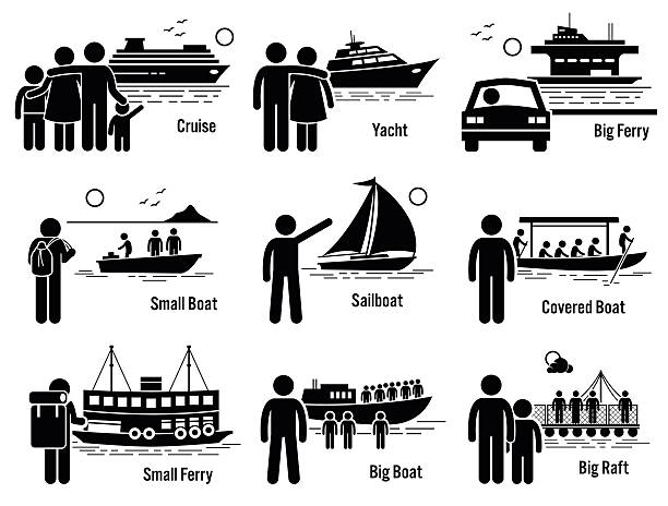 ilustrações de stock, clip art, desenhos animados e ícones de água de veículos de transporte marítimo e conjunto ilustrações de pessoas - rowboat nautical vessel small motorboat
