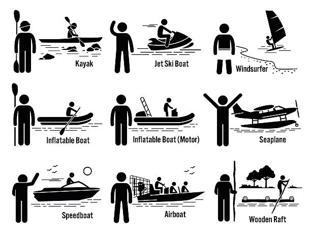 ilustrações, clipart, desenhos animados e ícones de a água do mar veículos recreativos conjunto e pessoas ilustrações - wooden raft