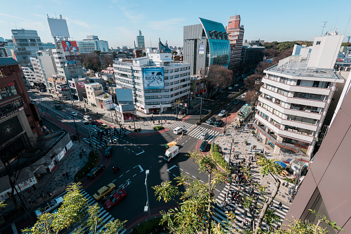 Aerial view of Omotesando district. Omotesandō is known as one of the foremost 'architectural showcase' streets in the world, featuring a multitude of fashion flagship stores within a short distance of each other. 