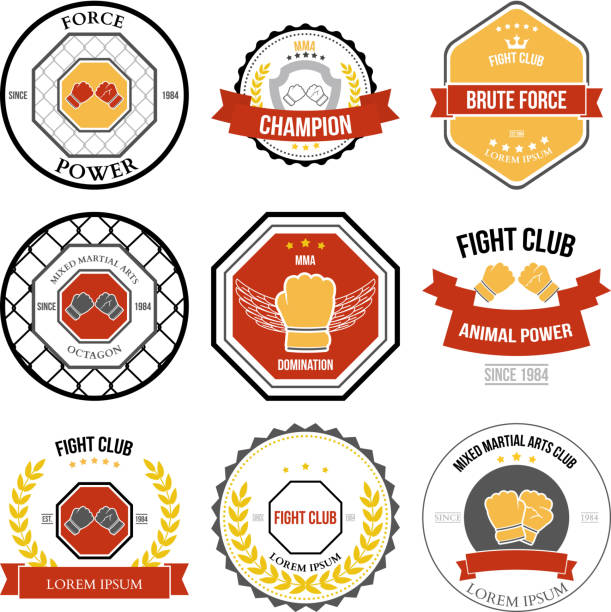 illustrazioni stock, clip art, cartoni animati e icone di tendenza di set di etichette misti arti marziali, badge - conflict boxing glove classic sport