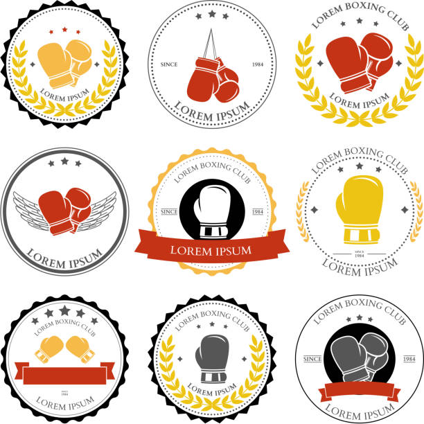 illustrazioni stock, clip art, cartoni animati e icone di tendenza di boxe set di etichette e badge. vettore - conflict boxing glove classic sport