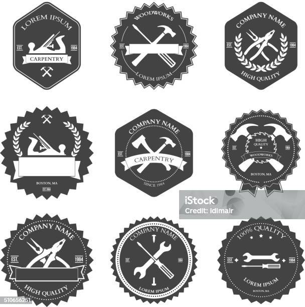 Vintage Carpentry Tools Labels And Design Stock Illustration - Download Image Now - Carpenter, Carpentry, Badge