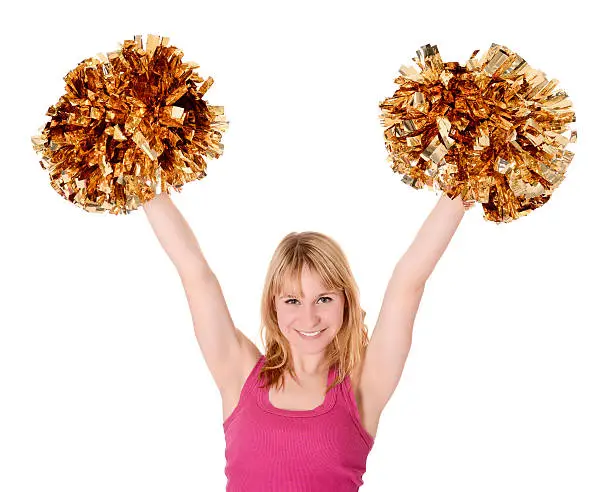 laughing young blond cheerleader rejoicing