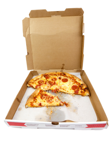 Pepperoni pizza (extra cheese). Open greasy box. Horizontal.
