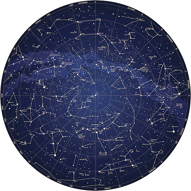 illustrations, cliparts, dessins animés et icônes de détaillée sky carte hémisphère nord avec des noms de stars illustration - constellation