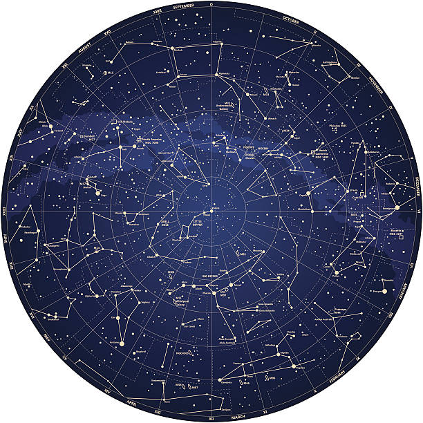 illustrazioni stock, clip art, cartoni animati e icone di tendenza di dettagliata sky map emisfero settentrionale, con nomi di stelle vettoriale - costellazioni