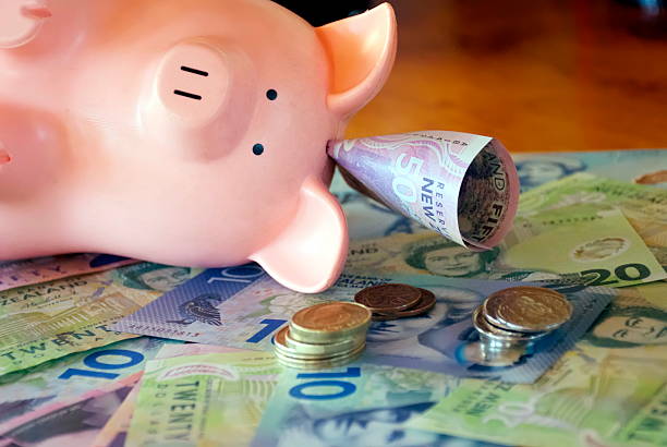 New Zealand Money (NZD); Dollars & Coins with a Piggy Bank A mixture of New Zealand Bank notes and coins with a Piggy Bank. new zealand dollar photos stock pictures, royalty-free photos & images