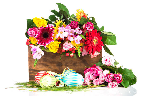 flores na caixa e ovos de páscoa - bouquet tulip greeting card gerbera daisy imagens e fotografias de stock