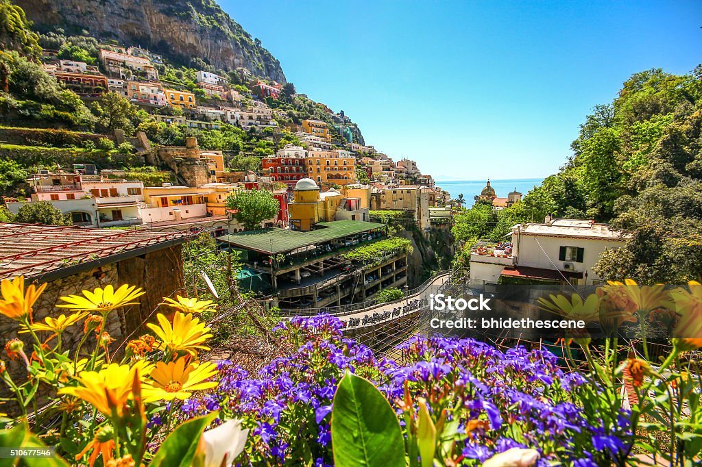 City on mountain in Amalfi coast, Positano, Italy View of a city on mountain in Amalfi coast, Positano, Italy. Sorrento - Italy Stock Photo