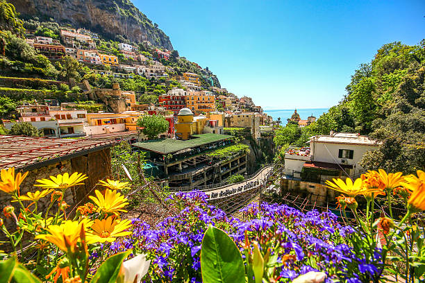 City on mountain in Amalfi coast, Positano, Italy stock photo