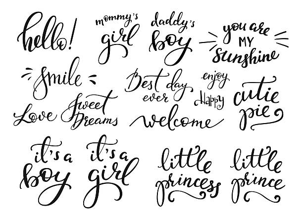 Baby photography family overlay set Lettering photography family overlay set. Motivational quote. Sweet cute inspiration typography. Calligraphy postcard poster photo graphic design element. Hand written sign. Baby photo album element family word stock illustrations