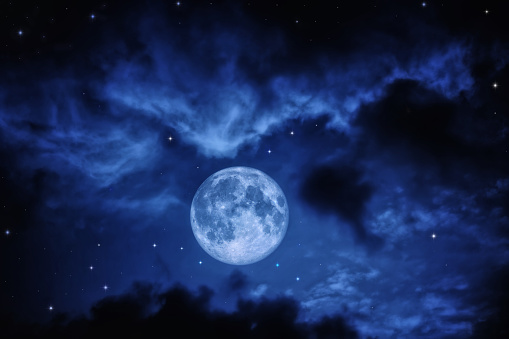 Night sky with clouds stars and full moon