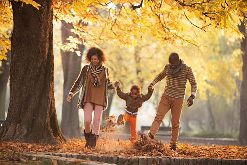 Happy African American parents walking with their little girl in nature during autumn and having fun.