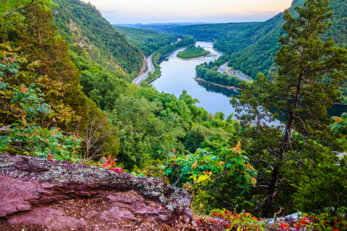 Delaware Water Gap, Pennsylvania. Scenic view from the Mount Tammany to the Highway 80 with the light's trail