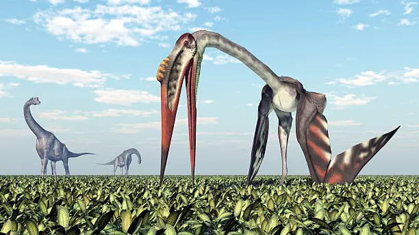 Computer generated 3D illustration with the dinosaur Brachiosaurus and the pterosaur Quetzalcoatlus