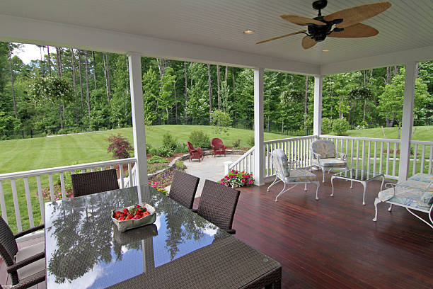 istock Covered deck, stone patio, landscaped, forest 510692765
