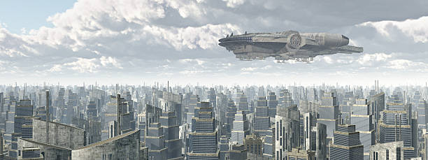 istock Spaceship over a city 510693318