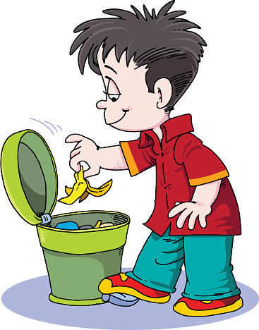 boy throws banana's peel in the trash