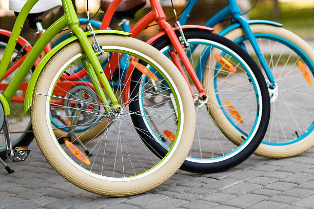 istock Three beautiful lady city bikes 510696350