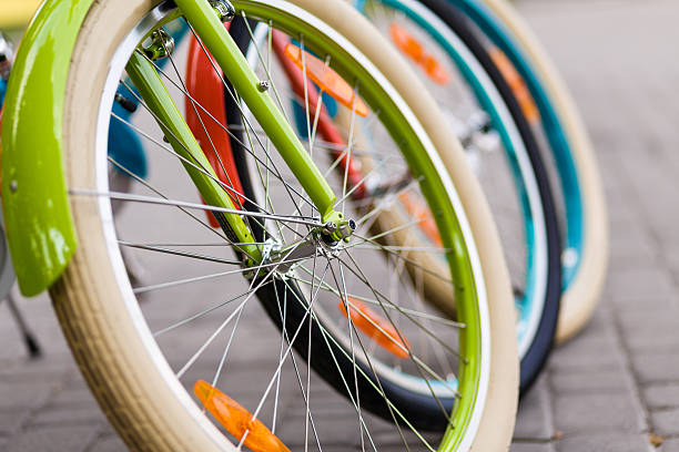 istock Three beautiful lady city bikes 510696486