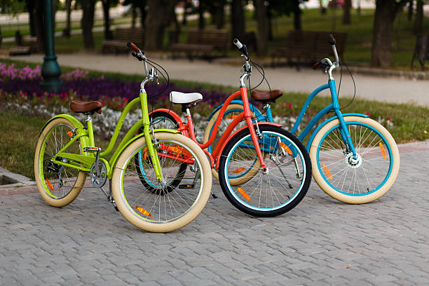 istock Three beautiful lady city bikes 510696612