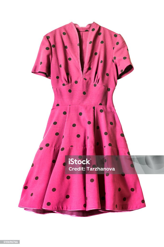 Pink dress Pink knee-length dress with short sleeves on white background Polka Dot Stock Photo