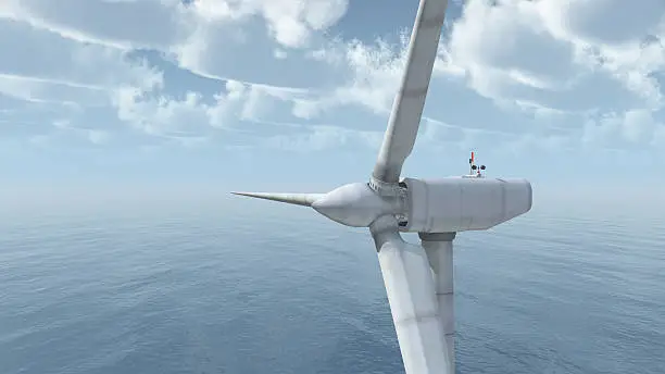 Computer generated 3D illustration with an offshore wind turbine