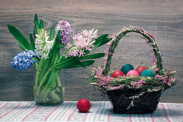istock Basket with Easter eggs and bouquet of spring flowers 510699904