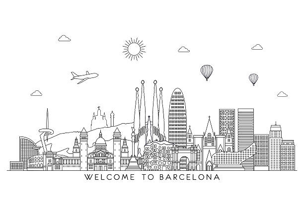 barcelona skyline. vector line illustration. line style design - barcelona 幅插畫檔、美工圖案、卡通及圖標