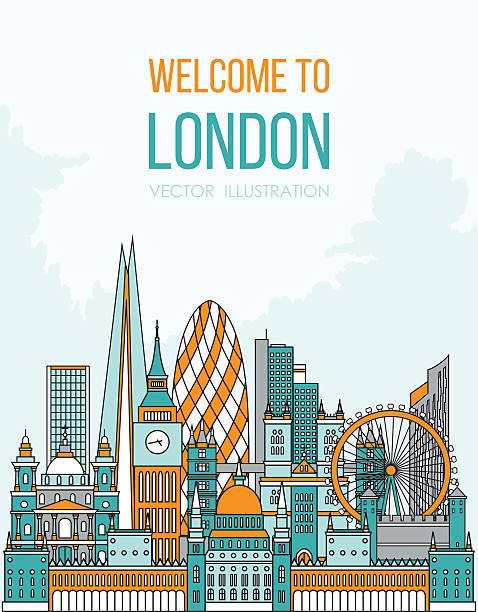 skyline von london vektor-illustration. linie stil gestaltung - london england skyline big ben orange stock-grafiken, -clipart, -cartoons und -symbole